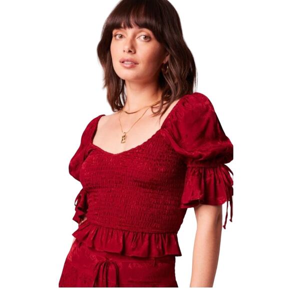 BAND‎ OF THE FREE BOG LEA CROP TOP SMOCKED PUFF TIE SLEEVES RHUBARB L-NEW - Picture 1 of 7